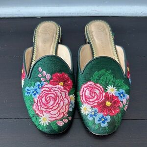 Charlotte Olympia Green and Red Embroidered Mules